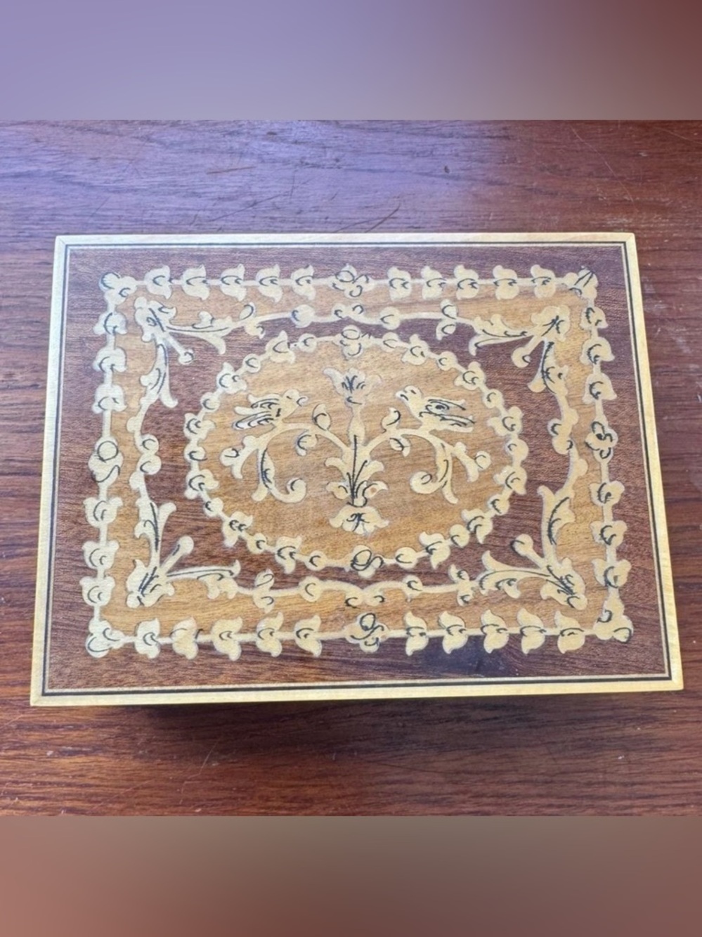 Vintage Ornate Inlaid Wood Musical Jewelry Box Gold Accents Dr. Zhivago Lador